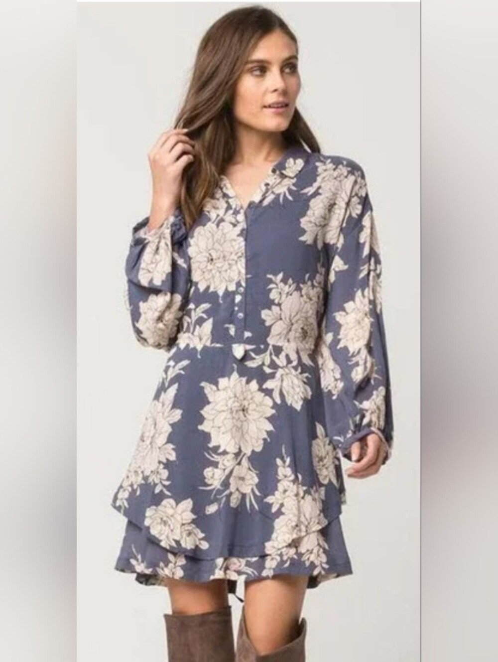 Free People Greyish Blue Floral Button-Front Mini Dress. NWOT. Size Small